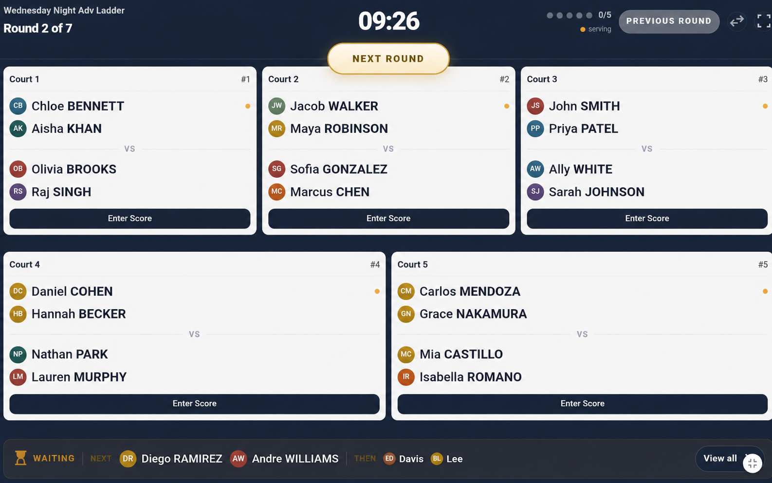 ShowCourt tablet view during a live ladder night